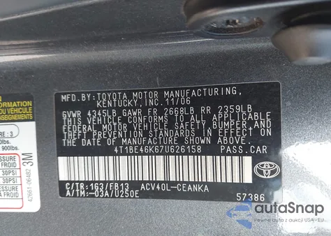 2007 Toyota Camry Le z USA, uszkodzony, nr VIN 4T1BE46K67U626158